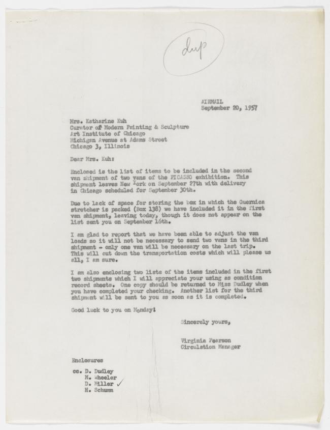 Carta de Virginia Pearson a Katherine Kuh del 20 de septiembre de 1957