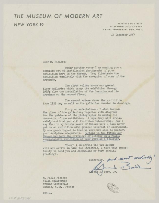Carta de Alfred H. Barr Jr. a Pablo Picasso del 17 de diciembre de 1957