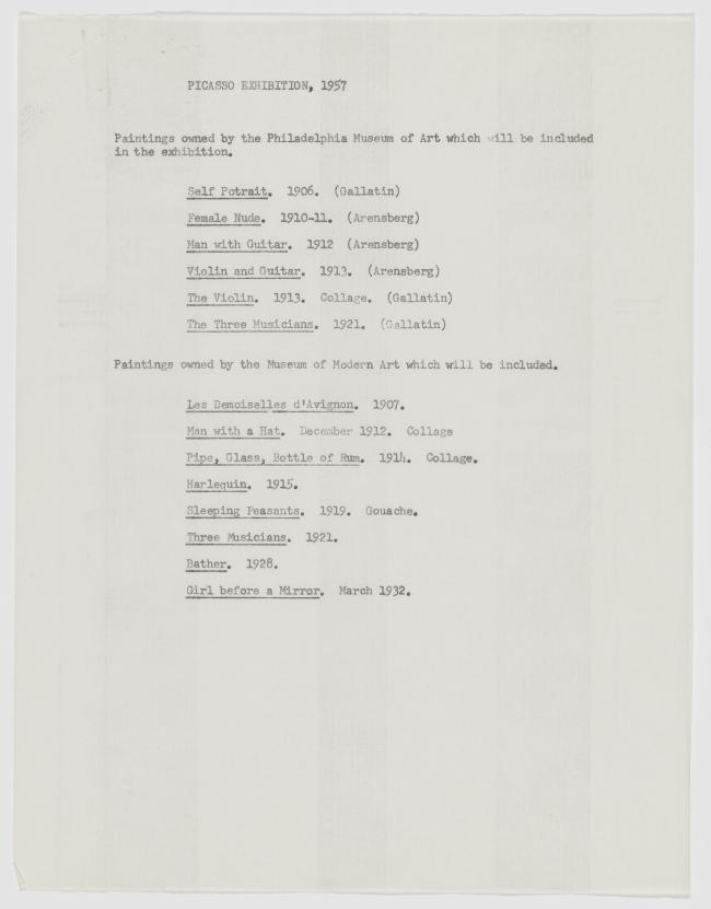 Listado de obras de Pablo Picasso en préstamo en el Museum of Modern Art de Nueva York