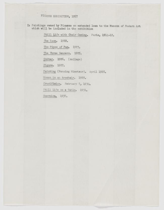 Listado de obras de Pablo Picasso en préstamo en el Museum of Modern Art de Nueva York