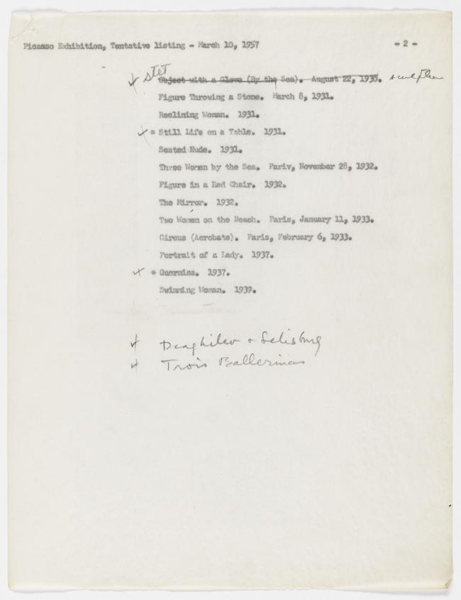 A provisional list of Pablo Picasso works on loan at the Museum of Modern Art, New York