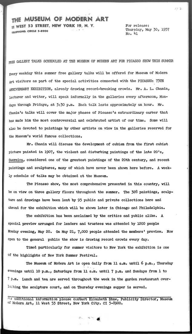 Programa de conferencias gratuitas sobre la exposición de Picasso en el Museum of Modern Art este verano