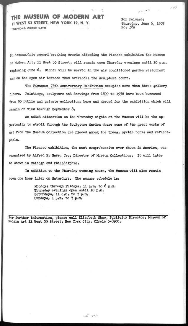 Nota de prensa sobre la afluencia de público de la exposición Picasso: 75th Anniversary Exhibition