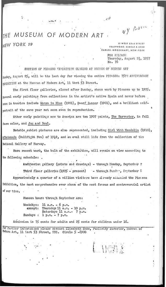 Sección de la exposición de Picasso cierra en el Museum of Modern Art
