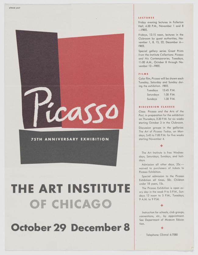Tarjeta publicitaria de la exposición «Picasso 75th years» en el Art Institute of Chicago