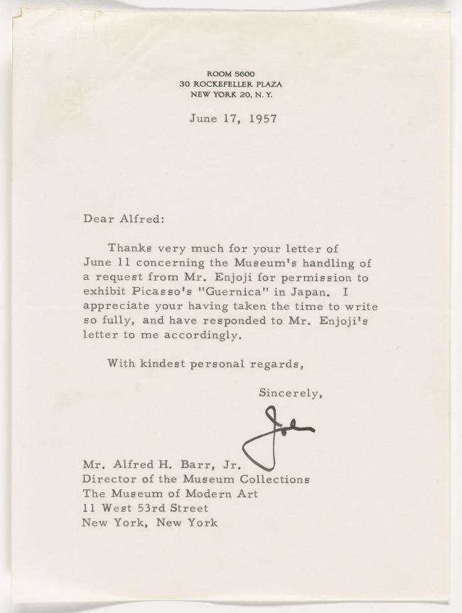 John Rockefeller's letter to Alfred H. Barr Jr.