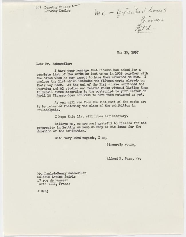 Carta de Alfred H. Barr Jr. a Daniel-Henry Kahnweiler del 30 de mayo de 1957
