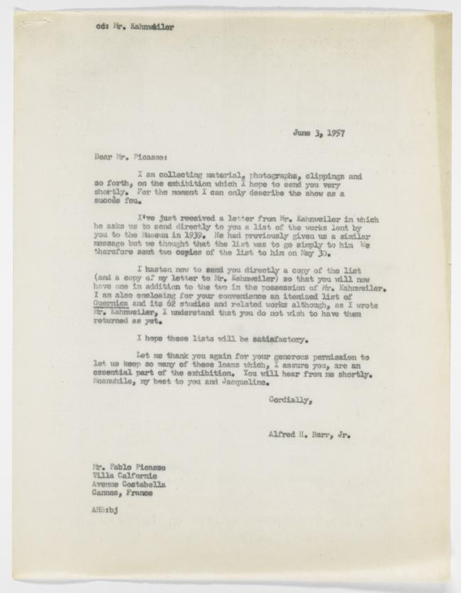 Carta de Alfred H. Barr Jr. a Daniel-Henry Kahnweiler del 5 de junio de 1957