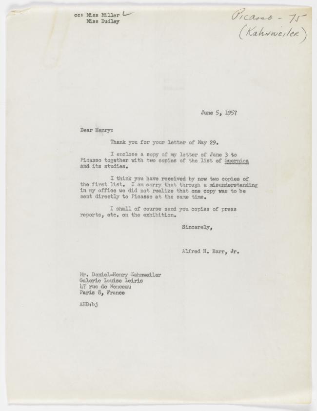 Carta de Alfred H. Barr Jr. a Daniel-Henry Kahnweiler del 5 de junio de 1957