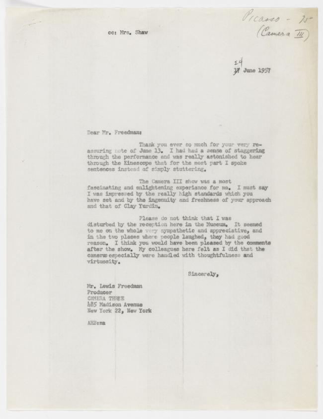 Carta de Alfred H. Barr Jr. a Lewis Freedman