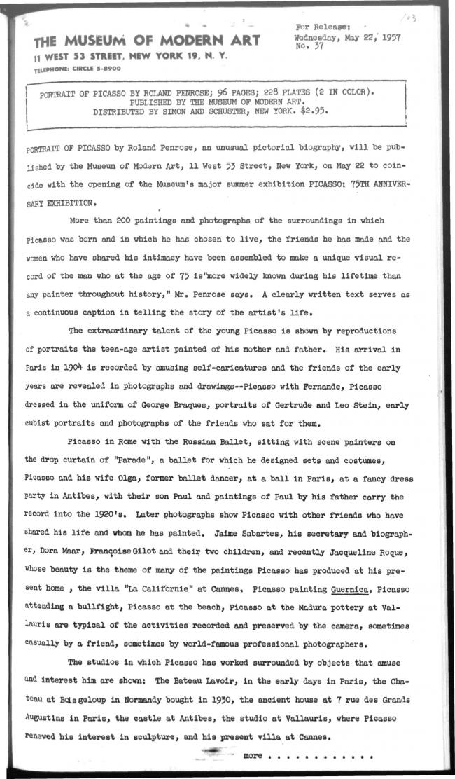 Nota de prensa sobre la publicación de Portrait of Picasso, de Roland Penrose