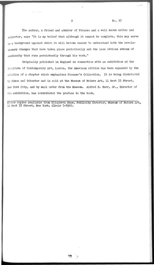 Nota de prensa sobre la publicación de Portrait of Picasso, de Roland Penrose