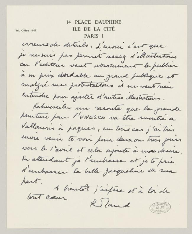 Roland Penrose's letter to Pablo Picasso, dated 1 March 1958