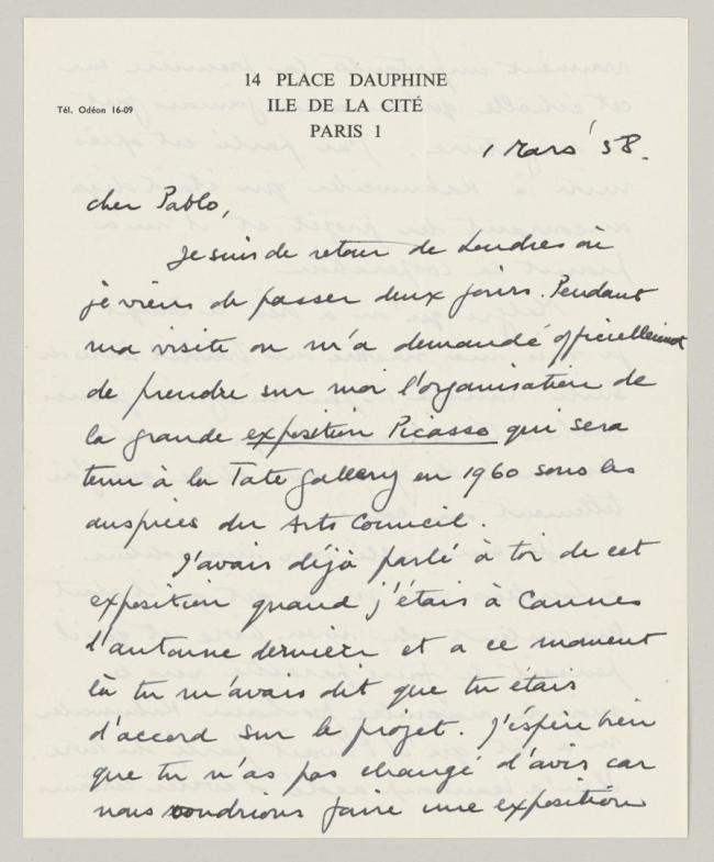 Roland Penrose's letter to Pablo Picasso, dated 1 March 1958