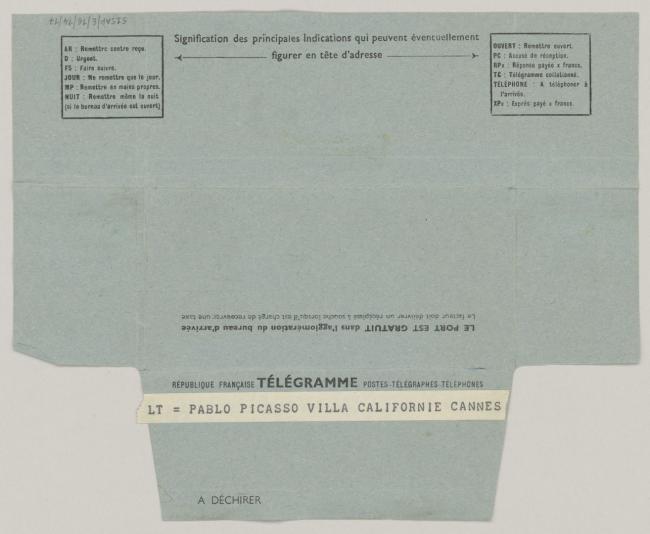 Telegrama de Alfred H. Barr Jr. a Pablo Picasso del 18 de abril de 1958