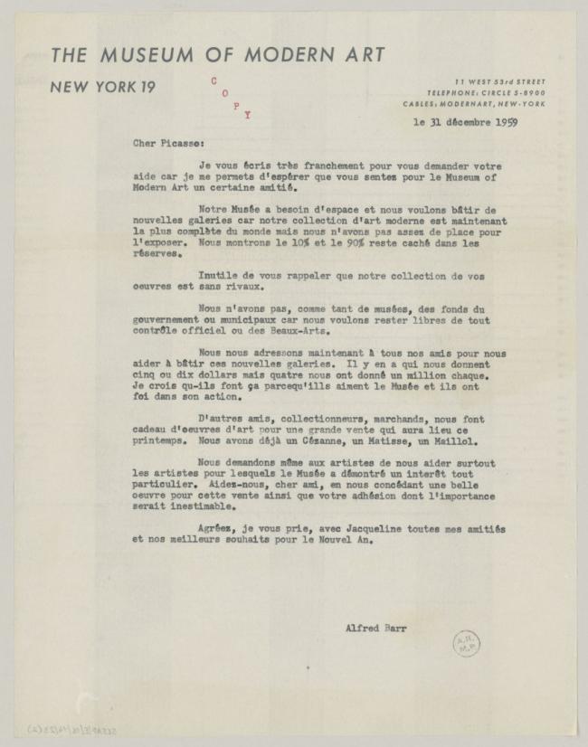 Alfred H. Barr Jr.'s letter Pablo Picasso, dated 31 December 1959