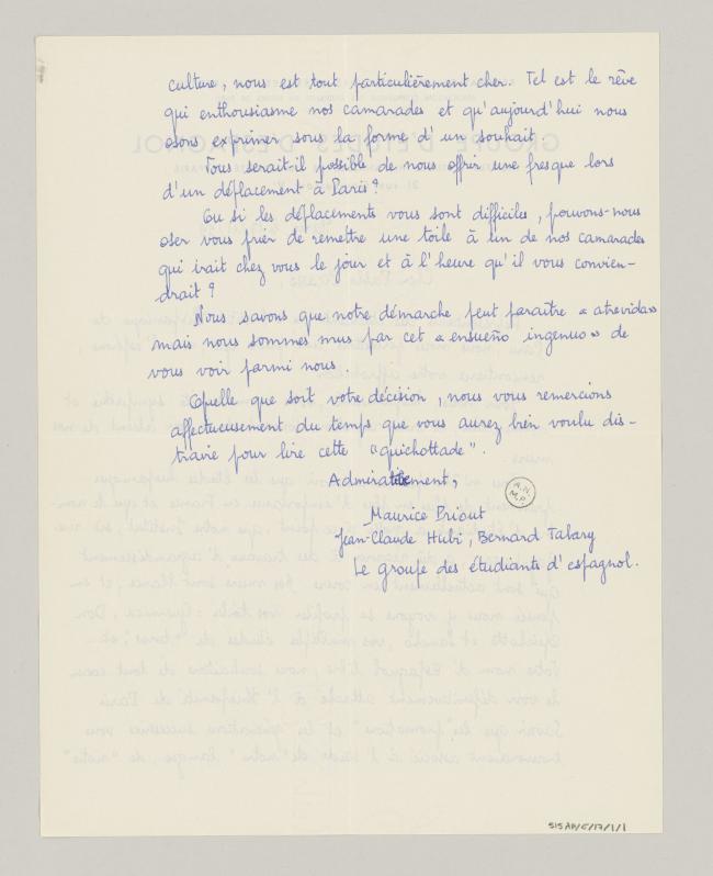 Carta del Groupe d'étudiants d'espagnol a Pablo Picasso