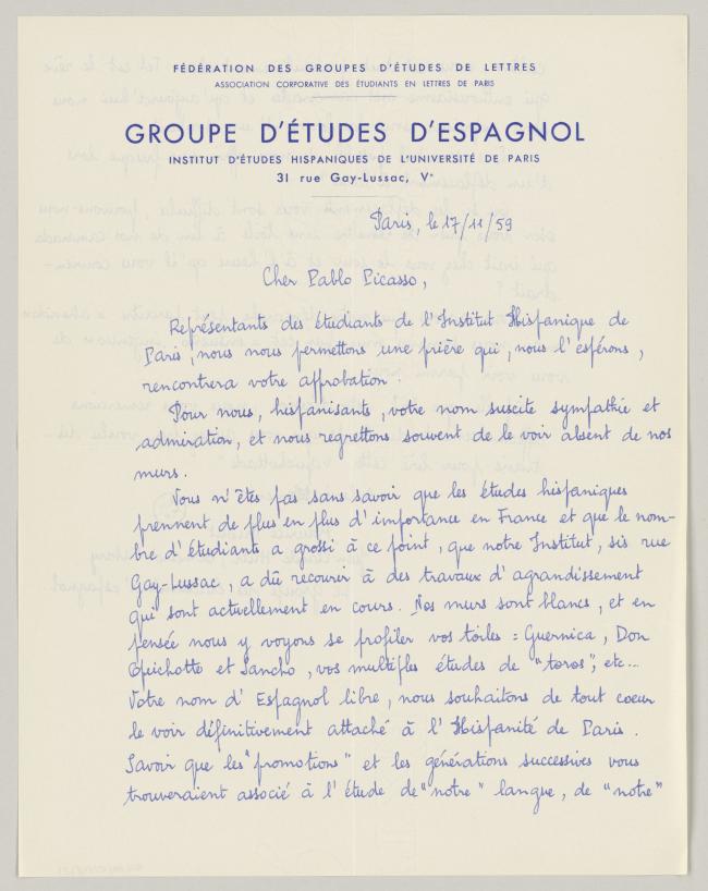 Carta del Groupe d'étudiants d'espagnol a Pablo Picasso