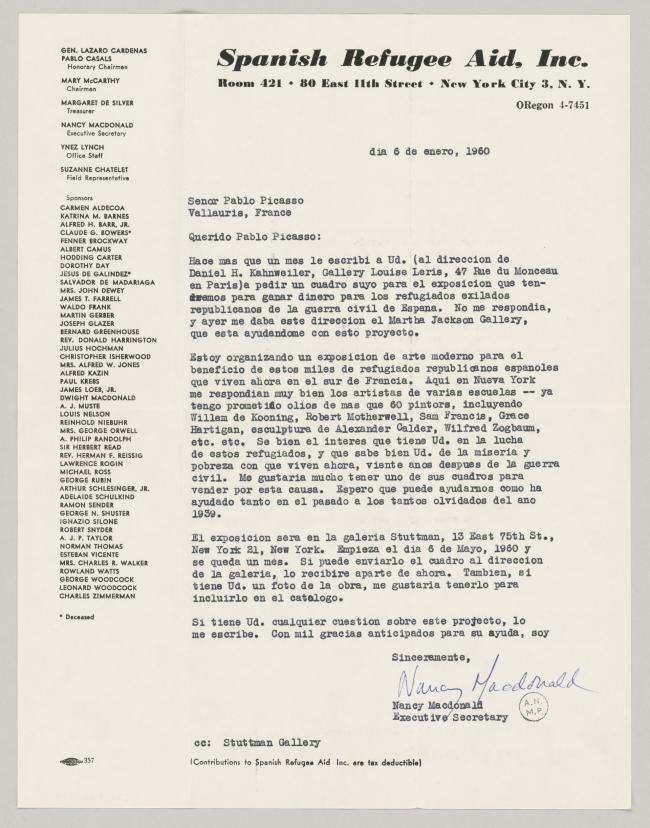 A letter from the Spanish Refugee Aid, Inc. to Pablo Picasso