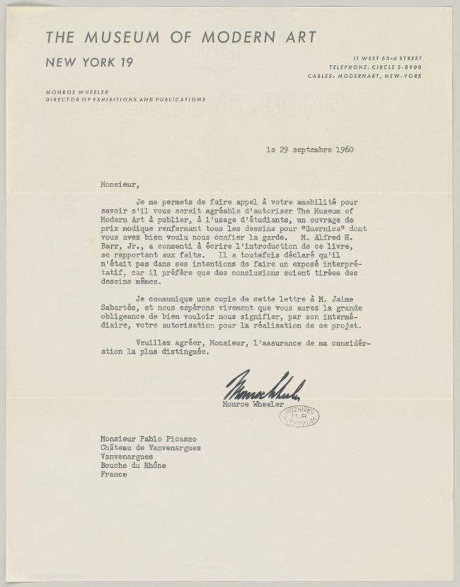 Monroe Wheeler's letter to Pablo Picasso