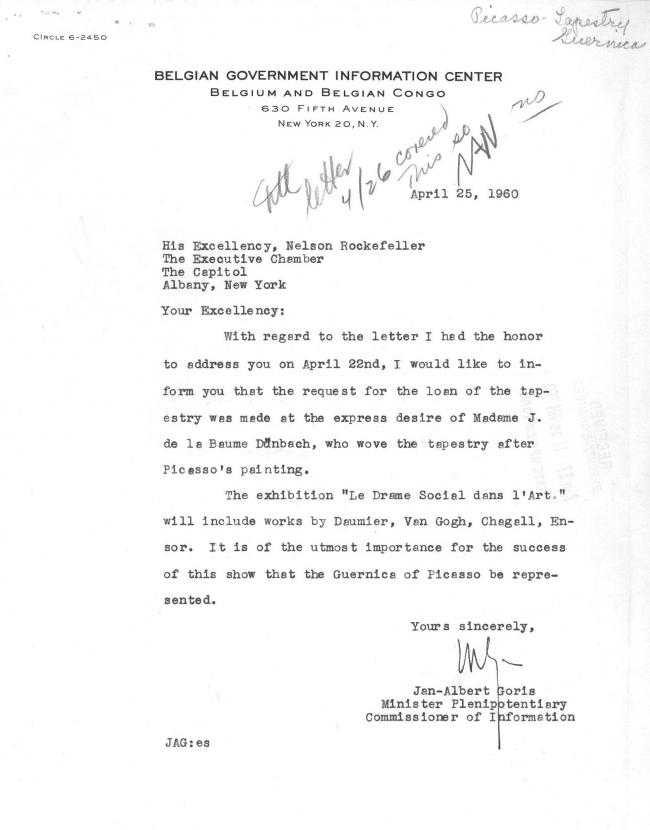 Carta de Jan-Albert Goris a Nelson Rockefeller del 25 de abril de 1960