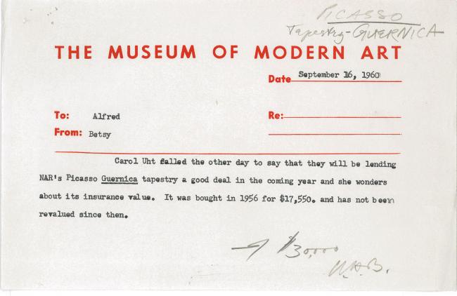 Nota de Betsy Jones para Alfred H. Barr Jr. del 16 de septiembre de 1960