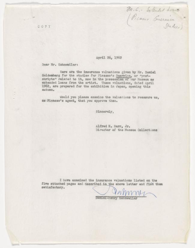 Alfred H. Barr Jr.'s letter to Daniel-Henry Kahnweiler, dated 26 April 1962