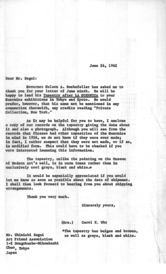 Carta de Carol K. Uht a Shinichi Segui