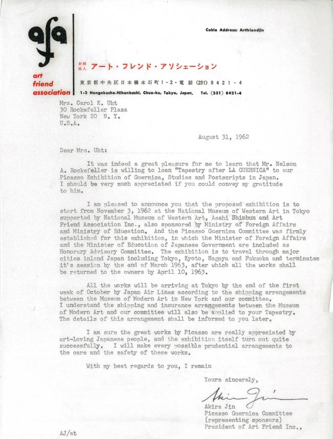 Carta de Akira Jin a Carol K. Uht del 31 de agosto de 1962