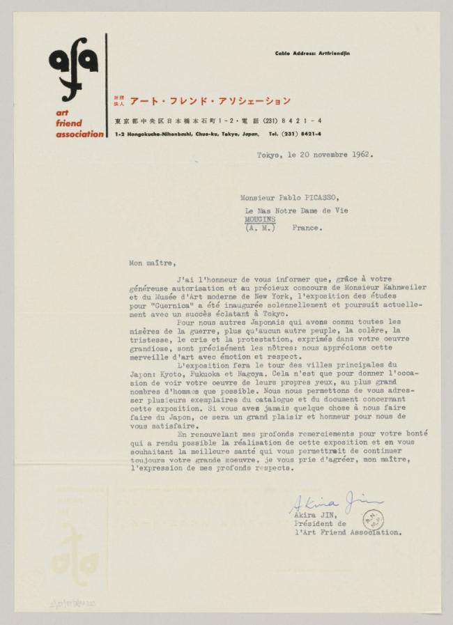 Carta de Akira Jin a Pablo Picasso del 20 de noviembre de 1962