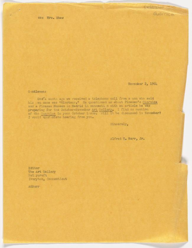 Carta de Alfred H. Barr Jr. al editor de The Art Gallery