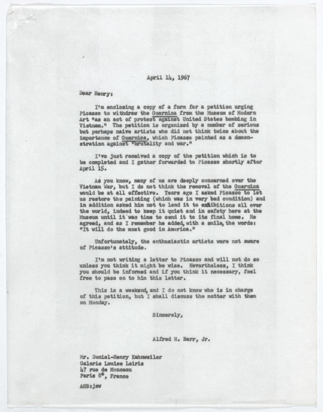 Carta de Alfred H. Barr Jr. a Daniel-Henry Kahnweiler, Nueva York, 14 de abril, 1967