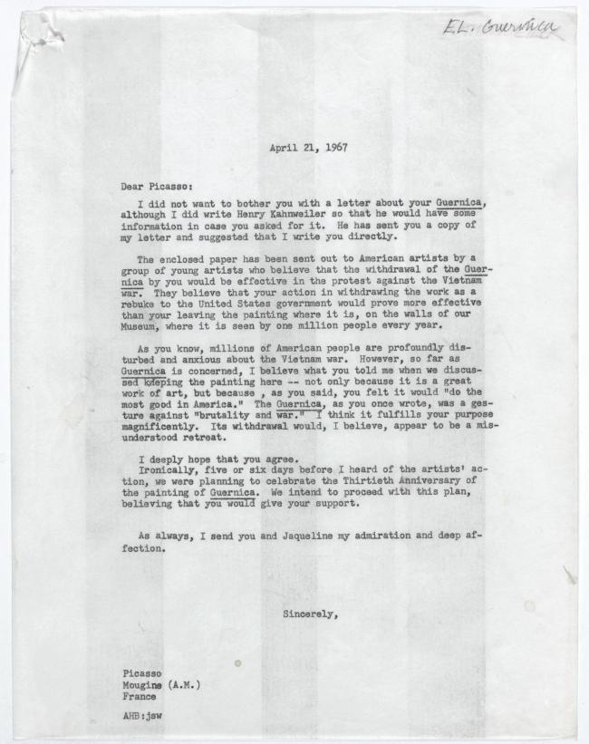 Carta de Alfred H. Barr Jr. a Pablo Picasso, Nueva York, 21 de abril, 1967