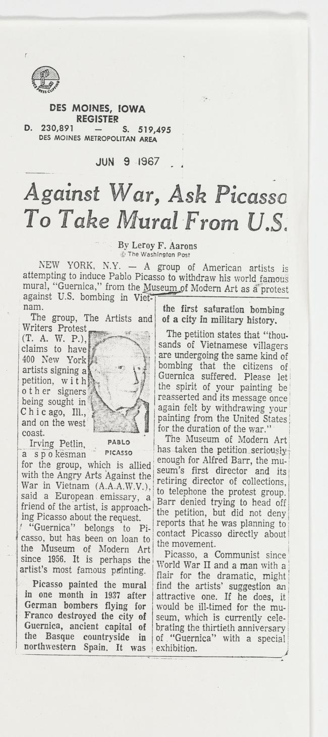 Picasso is asked to take the mural from the USA in protest against the war  