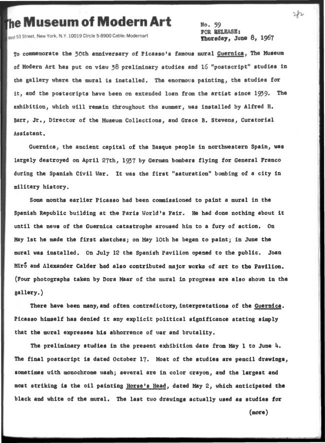 Nota de prensa sobre <em>Guernica: Studies and Postscripts</em>, Nueva York, 8 de junio, 1967 
