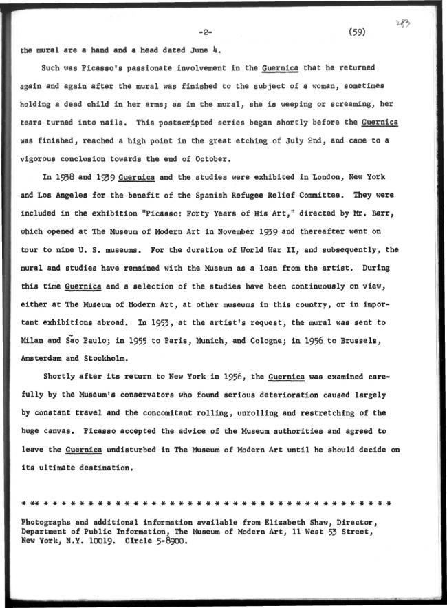 Nota de prensa sobre <em>Guernica: Studies and Postscripts</em>, Nueva York, 8 de junio, 1967 