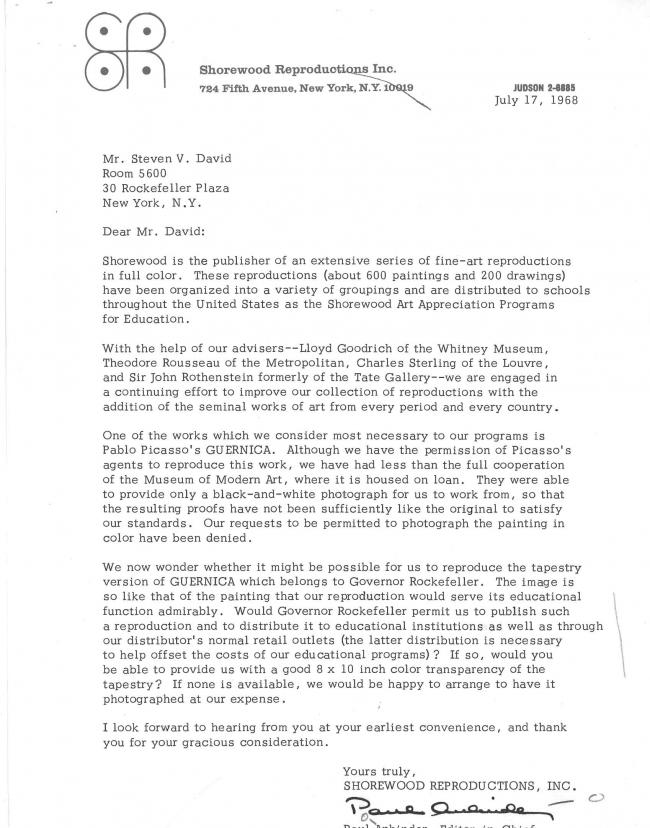 Carta de Shorewood Reproduction Inc. a Steven V. David