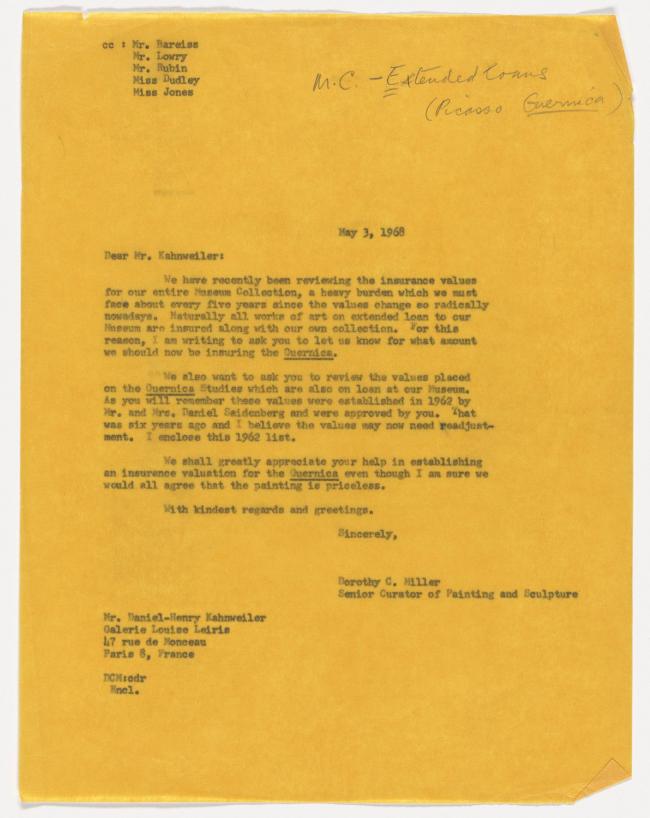 Carta de Dorothy C. Miller a Daniel-Henry Kahnweiler