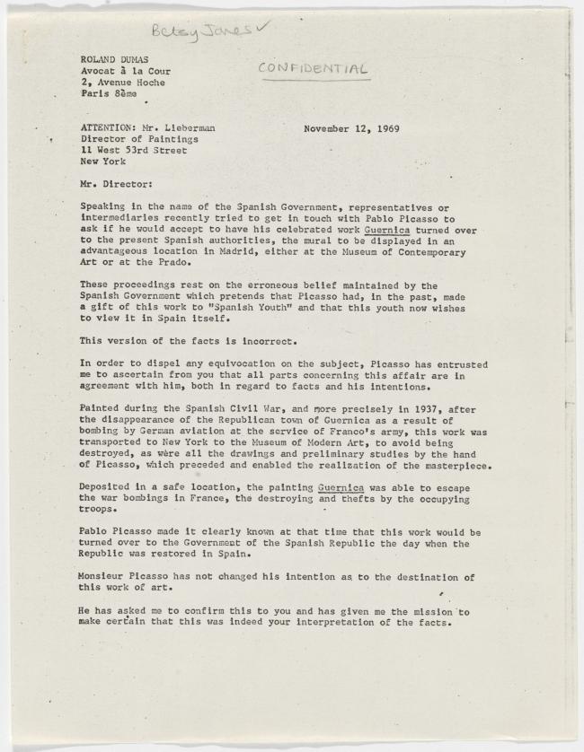 Carta de Roland Dumas a William S. Lieberman del 12 de noviembre de 1969