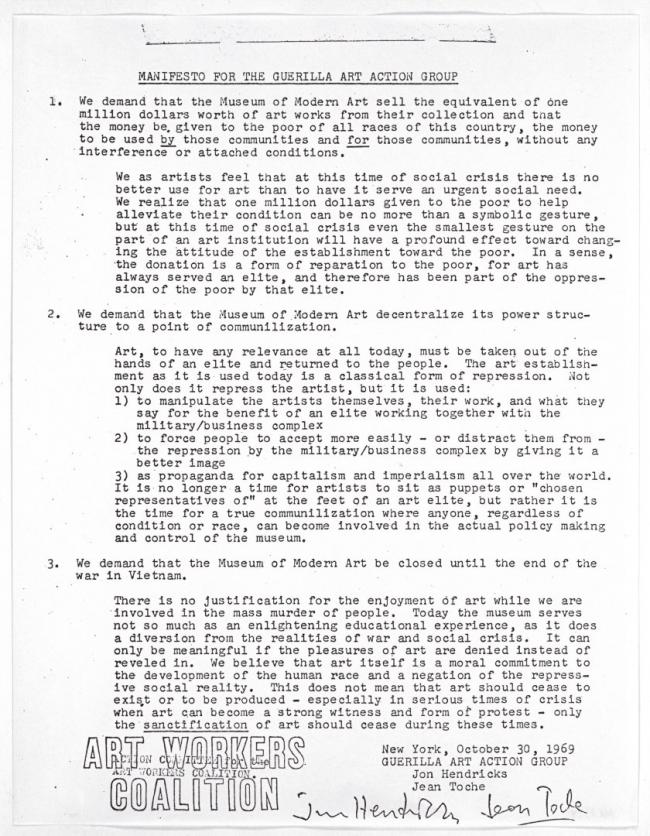 Manifiesto del colectivo Art Workers' Coalition