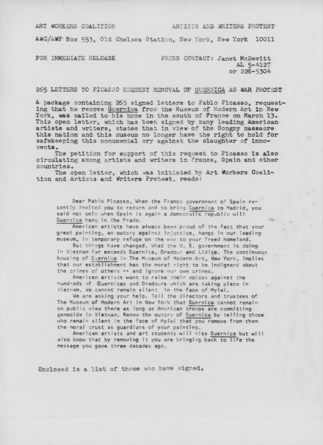 Petition from the Art Workers’ Coalition (AWC) and the Artists and Writers Protest (AWP) to Pablo Picasso to remove <em>Guernica</em> from MoMA, New York, March 11, 1970