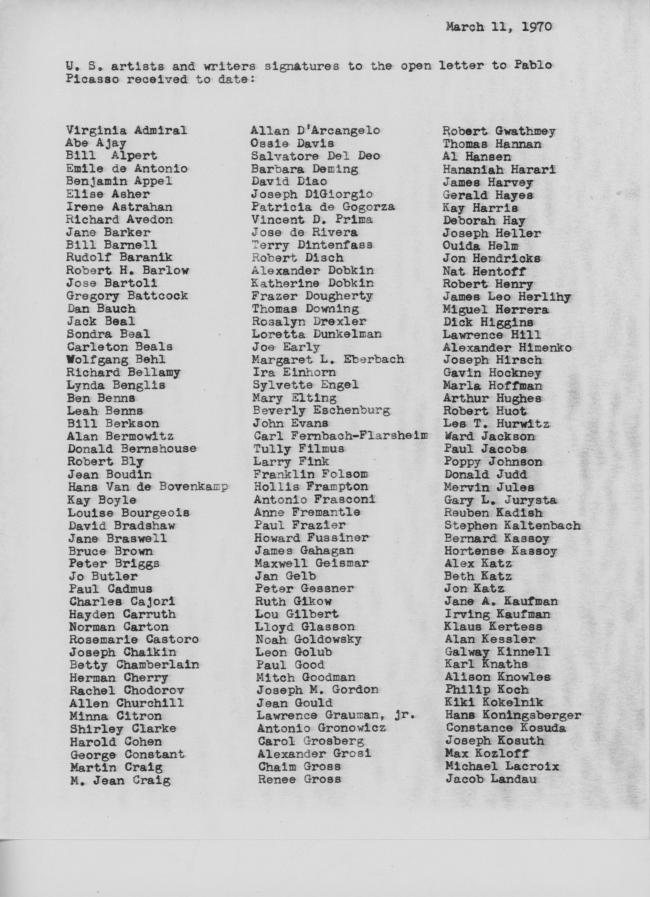 Petition from the Art Workers’ Coalition (AWC) and the Artists and Writers Protest (AWP) to Pablo Picasso to remove <em>Guernica</em> from MoMA, New York, March 11, 1970