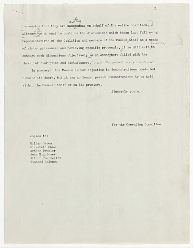 Carta del Comité de Operaciones del Museum of Modern Art de Nueva York a Joan Snyder, Nueva York, 22 de enero, 1970