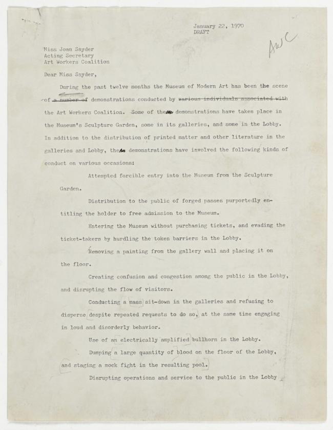 Carta del Comité de Operaciones del Museum of Modern Art de Nueva York a Joan Snyder, Nueva York, 22 de enero, 1970