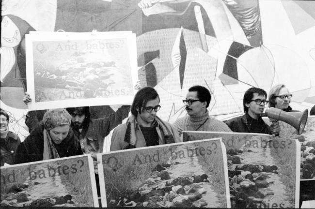 Jan van Raay, The Art Workers' Coalition and Guerrilla Art Action Group protest in front of <em>Guernica</em>, MoMA, New York, January 8, 1970