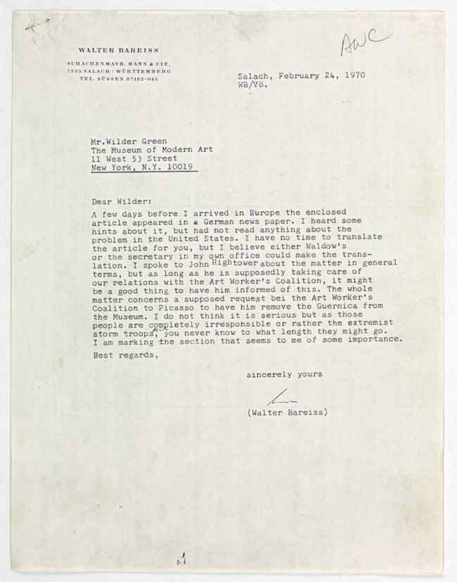 Carta de Walter Bareiss a Wilder Green, Nueva York, 24 de febrero, 1970