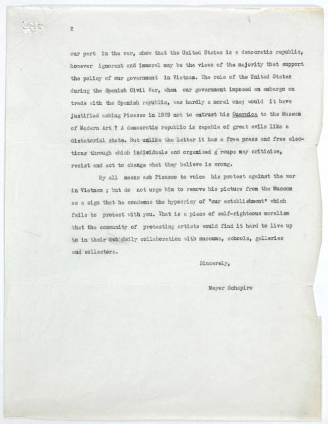 Carta de Meyer Schapiro a la Art Workers’ Coalition, Nueva York, 27 de febrero, 1970