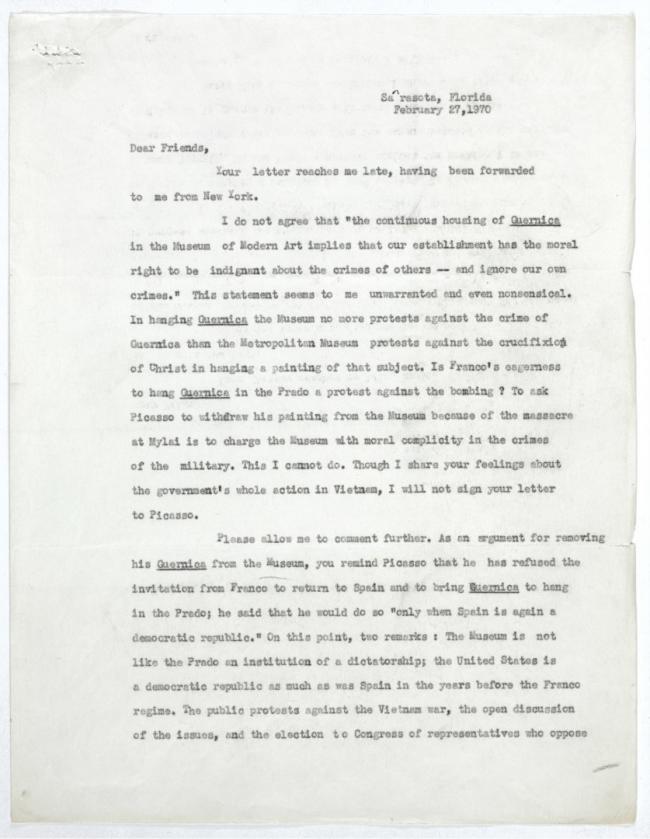Carta de Meyer Schapiro a la Art Workers’ Coalition, Nueva York, 27 de febrero, 1970