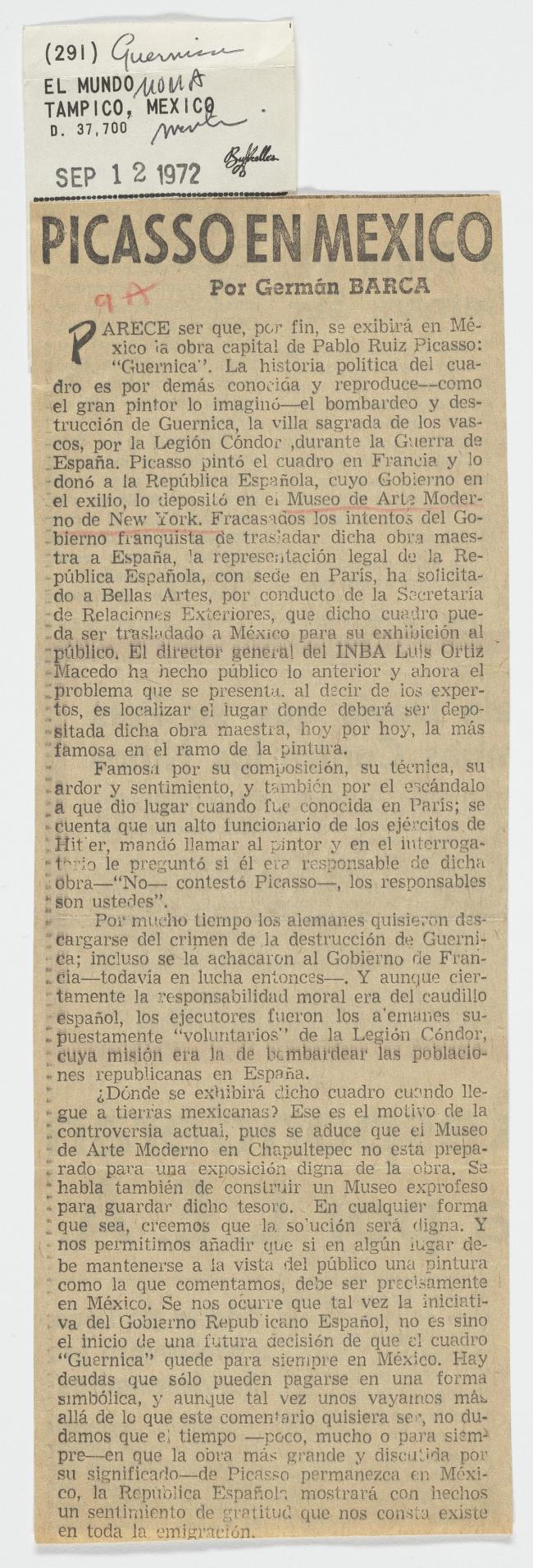 «Picasso en México», artículo aparecido en El Mundo