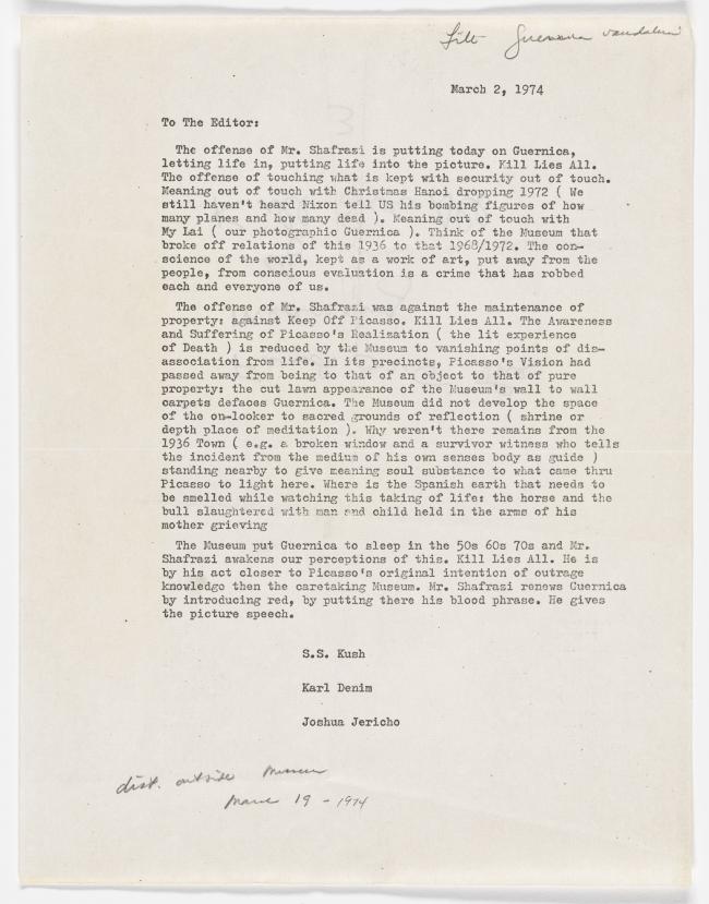 Carta de Karl Denim, S. S. Kush y Joshua Jericho en defensa de Tony Shafrazi